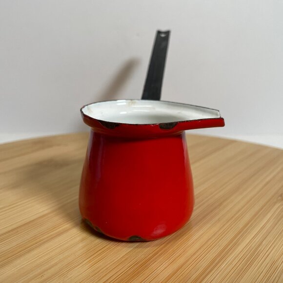Vintage Red White Enamel Melting Pot Enamelware Butter Syrup Turkish Coffee - Picture 2 of 5